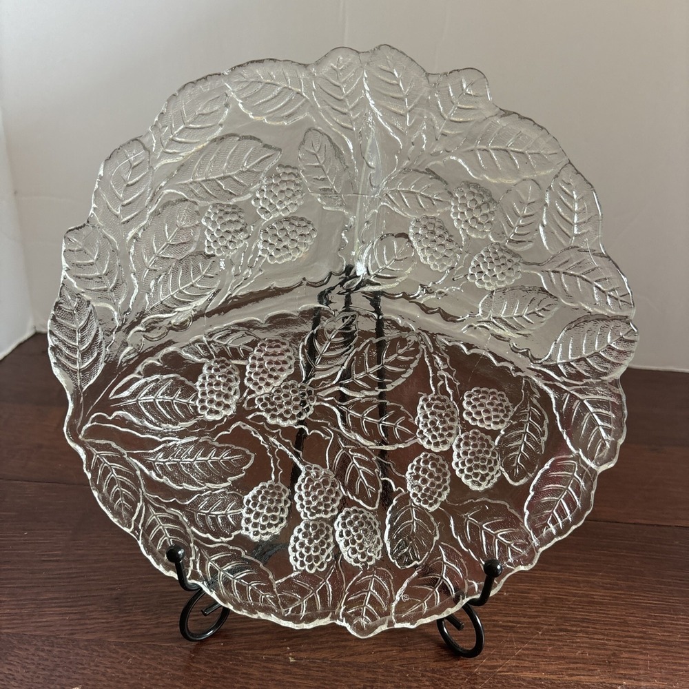 Vintage Indiana Glass Loganberry Clear Leaf Divided Relish Dish Serving Dish 8in